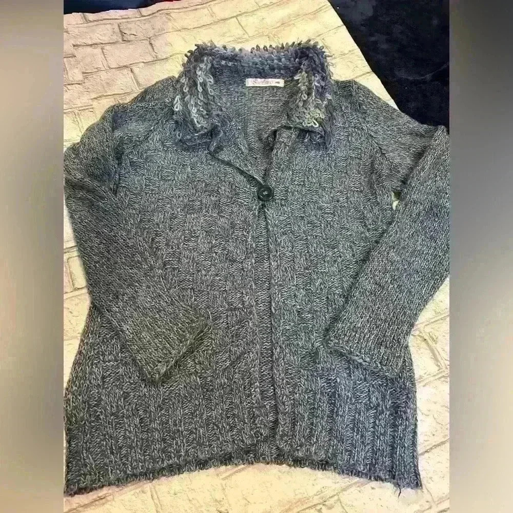 Women’s Vintage Shetland Irish Lambs Wool Blue Chunky Knit Cardigan Size Medium